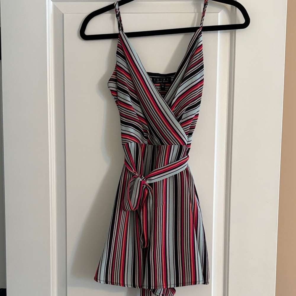 Francesca’s Trixxi Red, Black and Teal Striped Romper